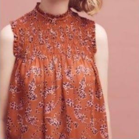 Anthropologie Maeve Darby Women’s Rust Leopard Print Smocked Sleeveless Blouse - Picture 2 of 10